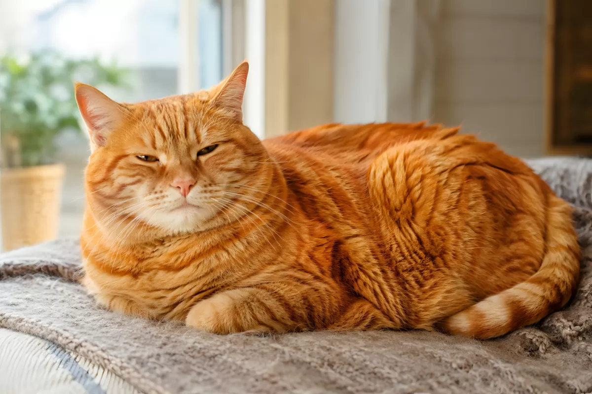 Entspannte Orangefarbene Katze liegt auf grauem Sofa