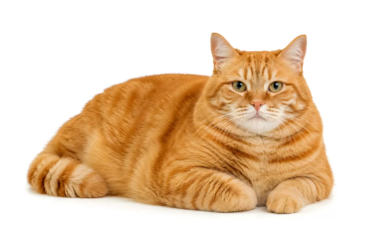 Entspannte Orangefarbene Katze liegt auf weißem Hintergrund