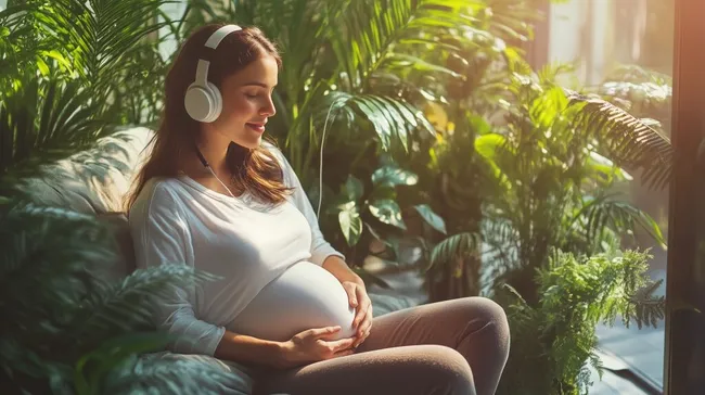 Entspannte schwangere Frau in tropischer Umgebung