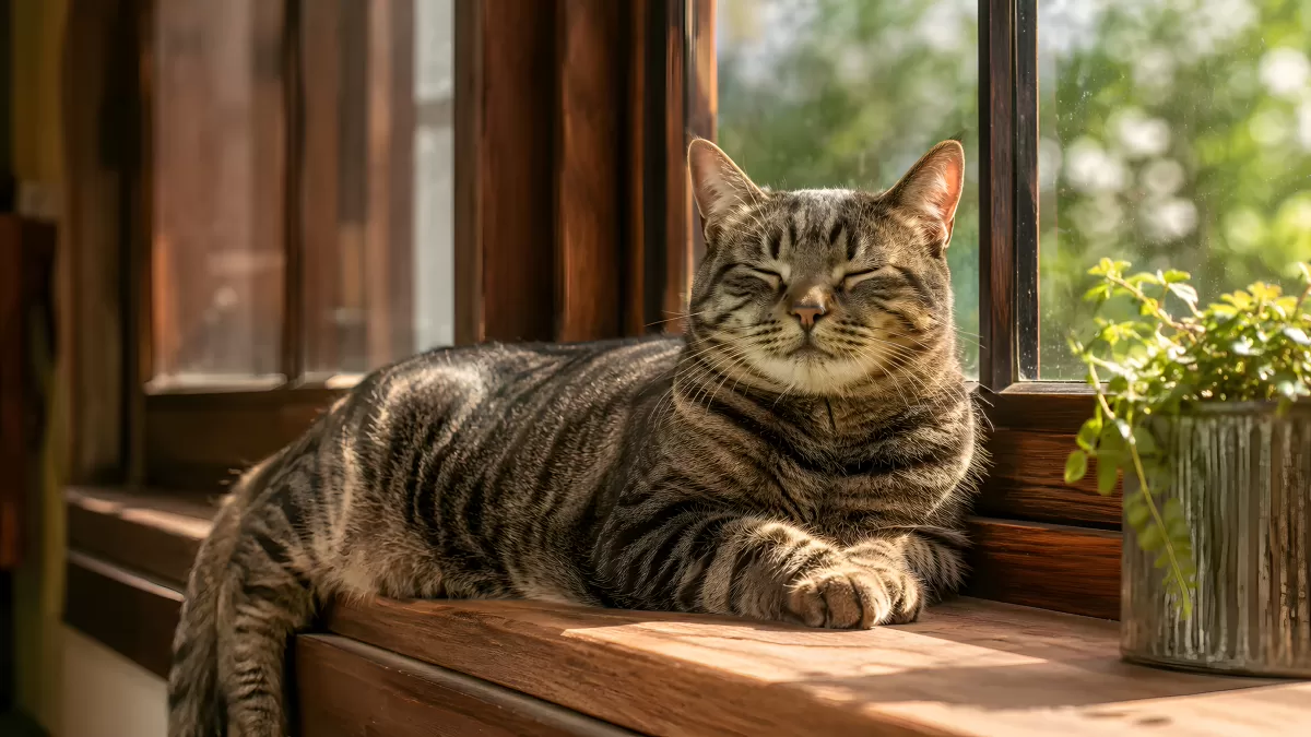 Entspannte Tabby-Katze döst in der Morgensonne am Fenster — Bild kostenlos herunterladen