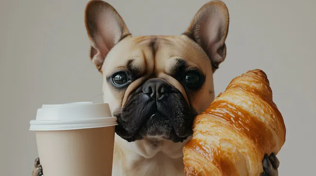 Entspannter Französische Bulldogge mit Kaffee und Croissant
