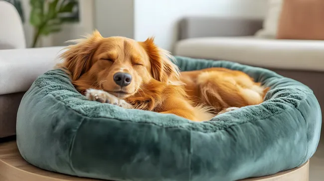 Entspannter Golden Retriever Hund schlafend im kuscheligen Hundebett