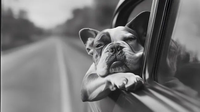 Entspannter Hund genießt Autofahrt durch die Landschaft