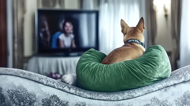 Entspannter Hund schaut Fernsehen auf grüner Couch