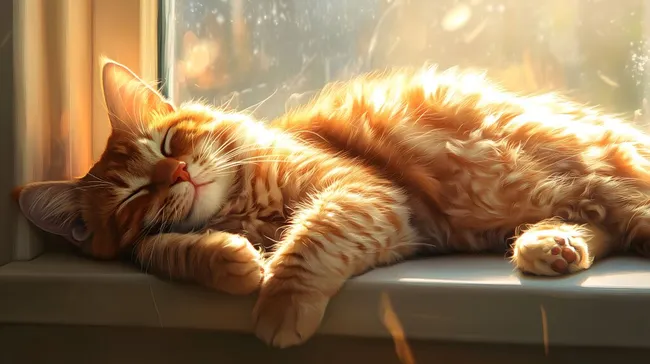 Entspannter Kater genießt Sonnenlicht am Fenster