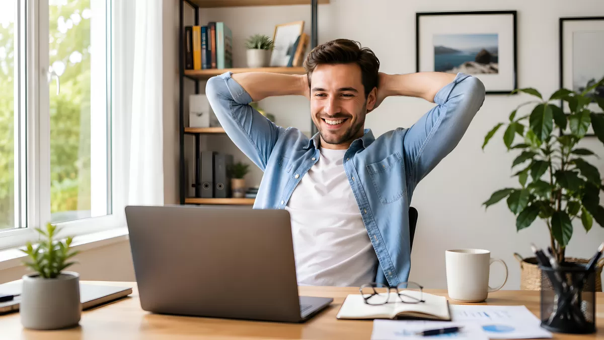 Entspannter Mann arbeitet zufrieden im Homeoffice