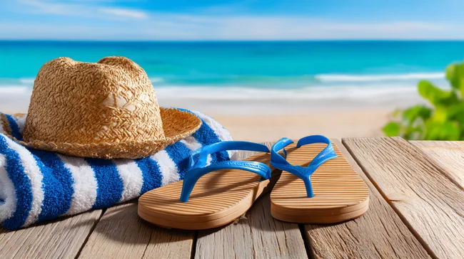 Entspannung am Strand mit Strohut und Flip-Flops
