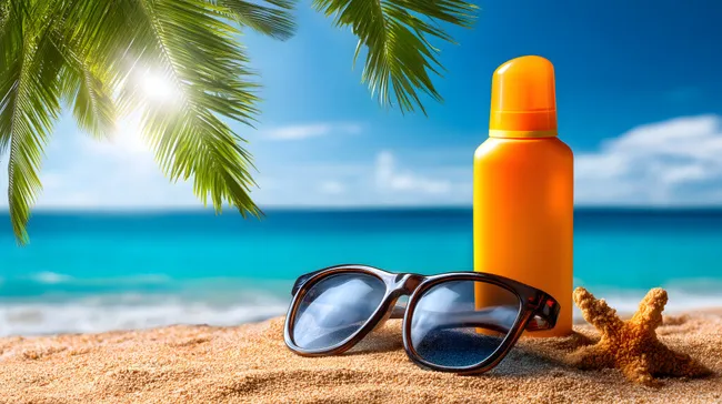 Entspannung am tropischen Strand mit Sonnencreme und Sonnenbrille