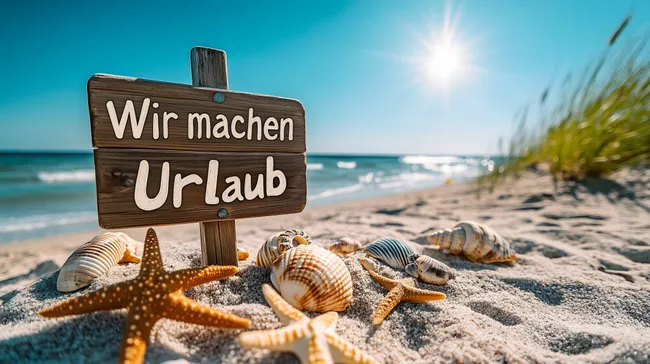 Entspannung am tropischen Strand - Urlaubsszene mit Muscheln und Holzschild
