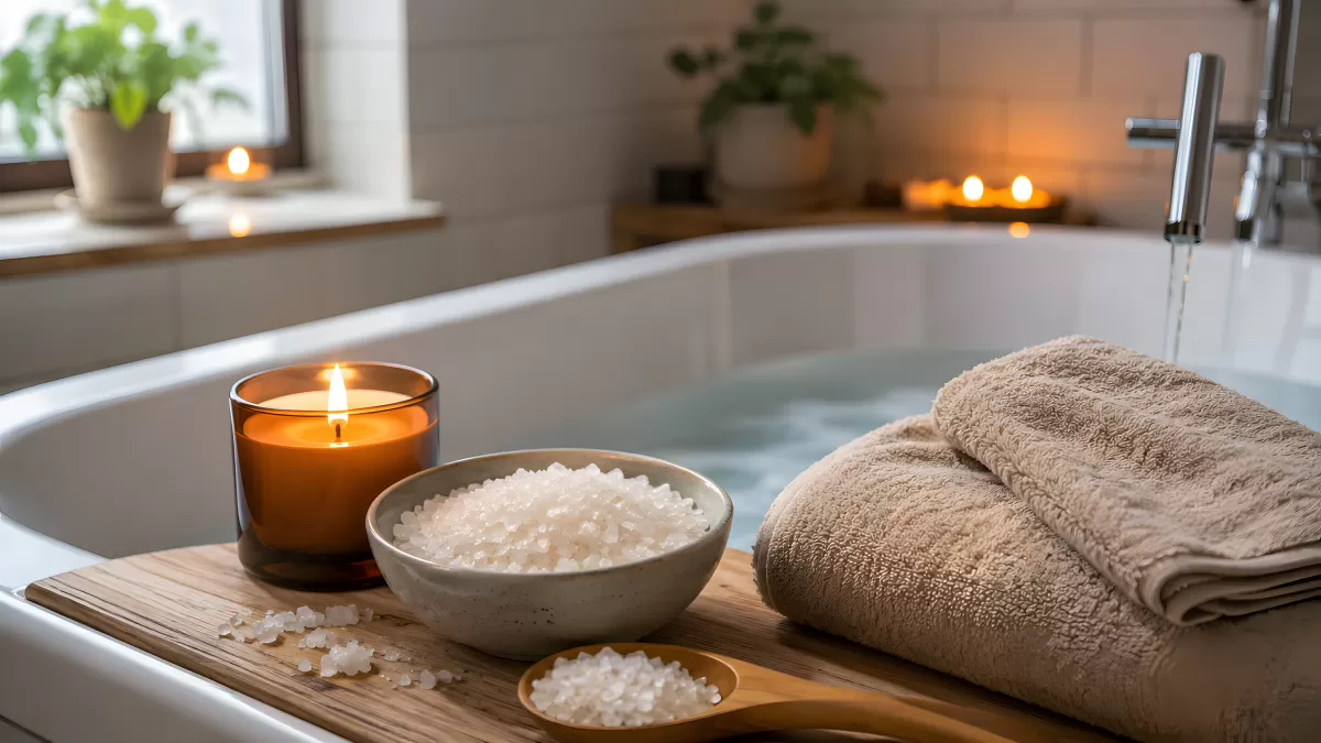 Entspannungsbad mit Badesalz, Kerze und Handtuch
