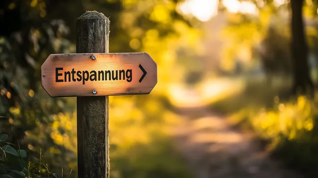 Entspannungsschild im sonnigen Waldpfad