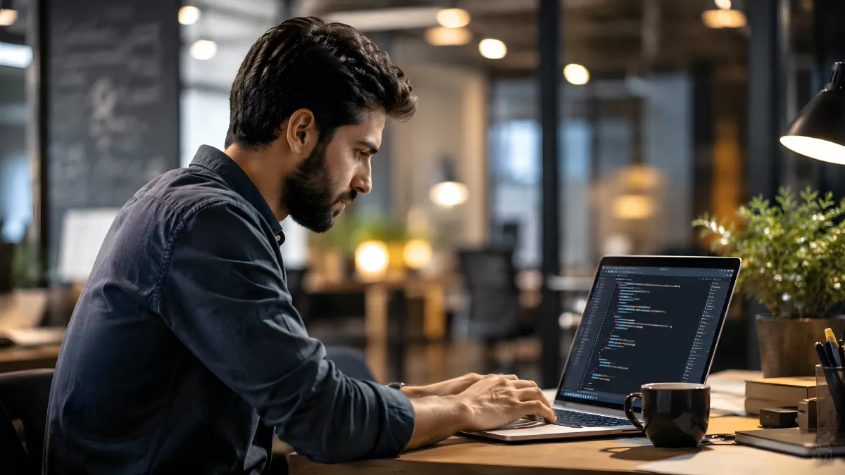 Entwickler arbeitet abends an Code im Büro