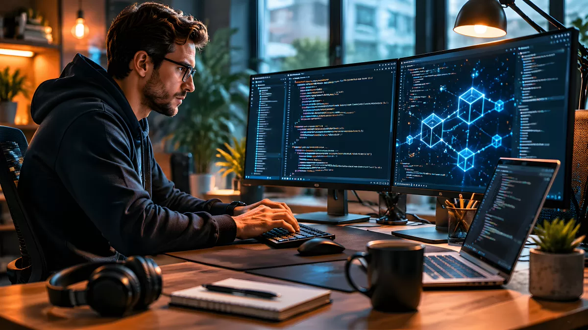 Entwickler arbeitet an Blockchain-Code auf mehreren Monitoren