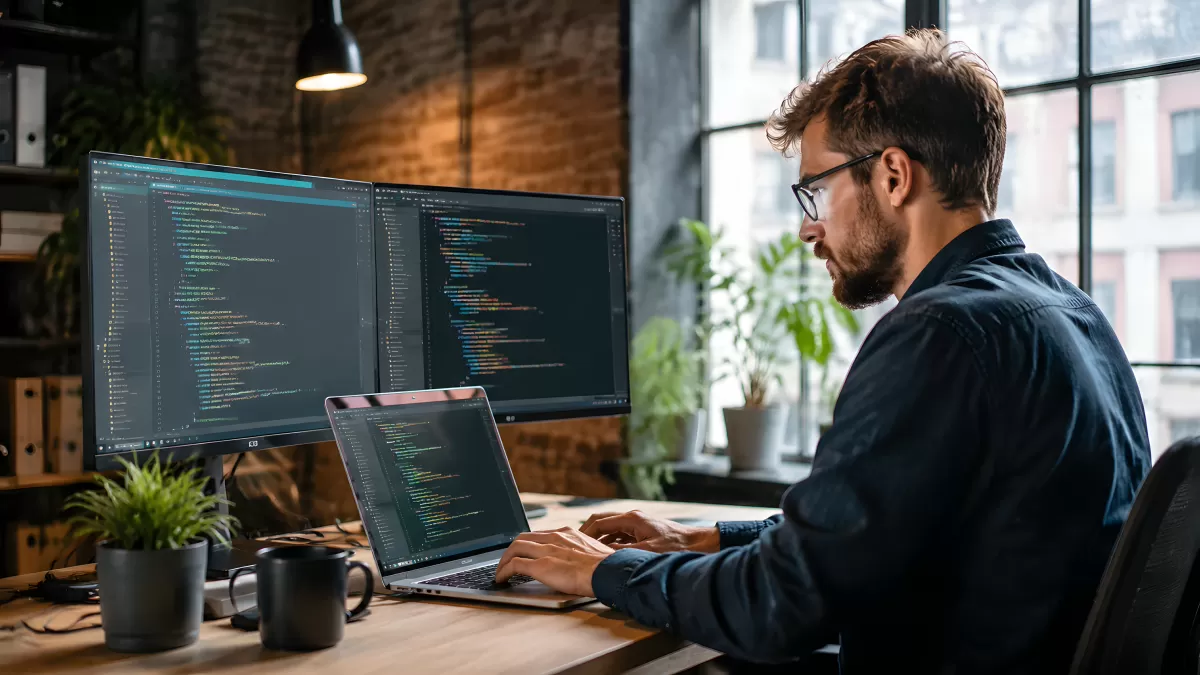 Entwickler arbeitet an Code auf mehreren Bildschirmen
