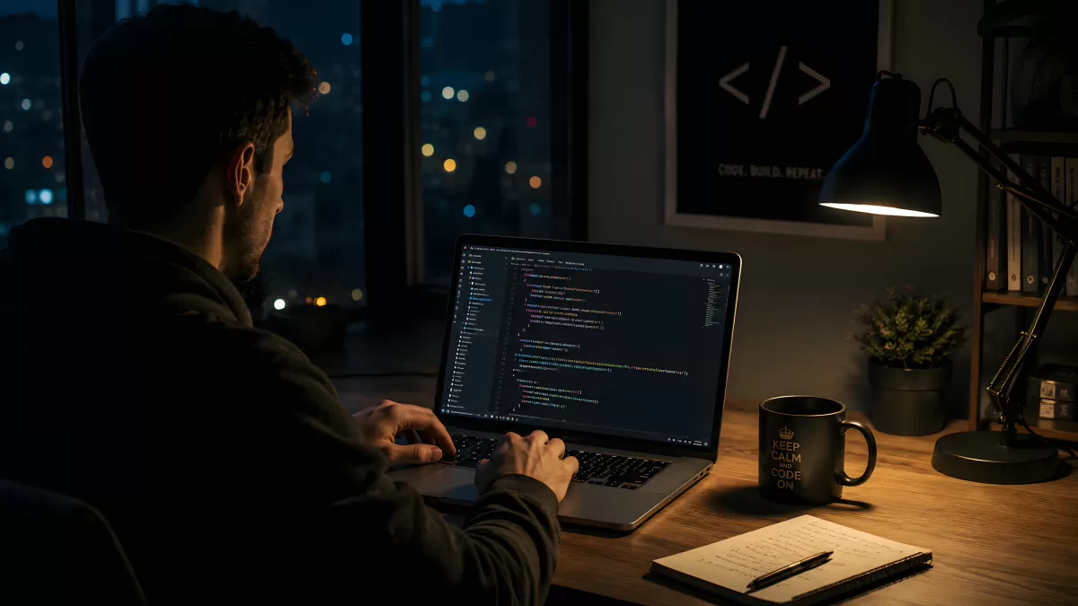 Entwickler arbeitet nachts am Laptop mit Code