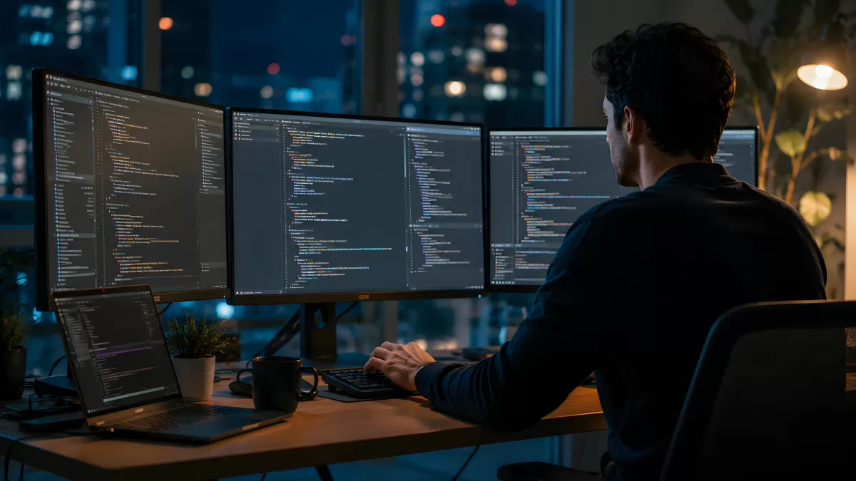 Entwickler arbeitet nachts an drei Monitoren mit Code