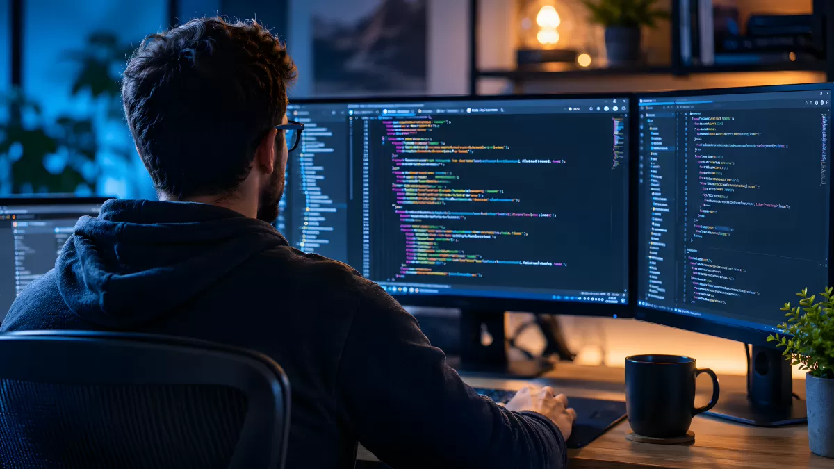Entwickler arbeitet nachts an mehreren Bildschirmen