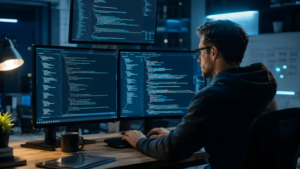 Entwickler arbeitet nachts an mehreren Monitoren