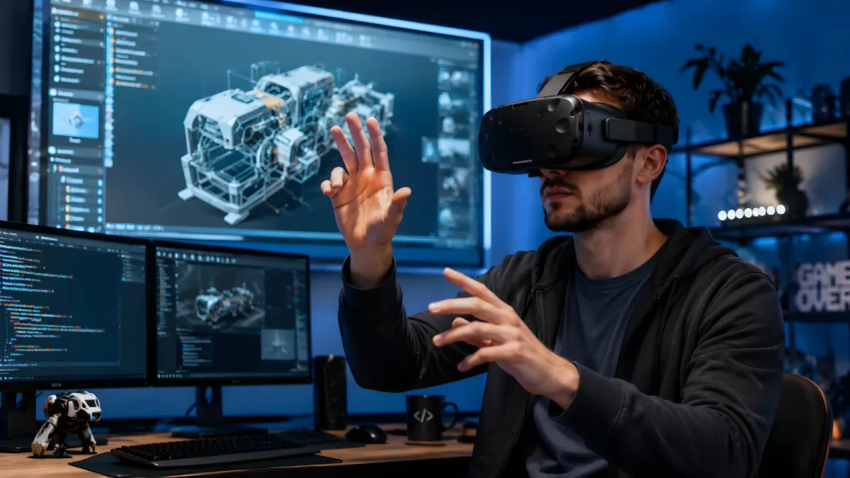 Entwickler mit VR-Brille gestaltet 3D-Modell am PC