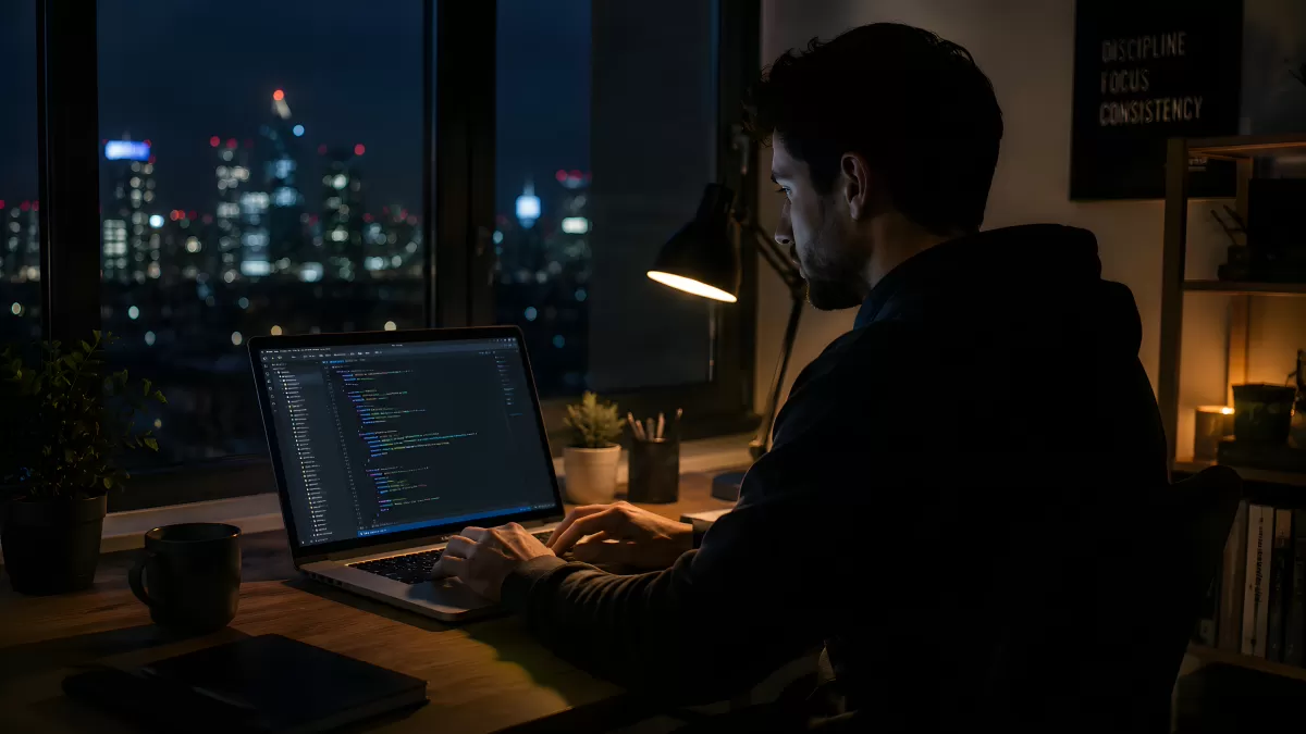 Entwickler programmiert nachts mit Blick auf Skyline