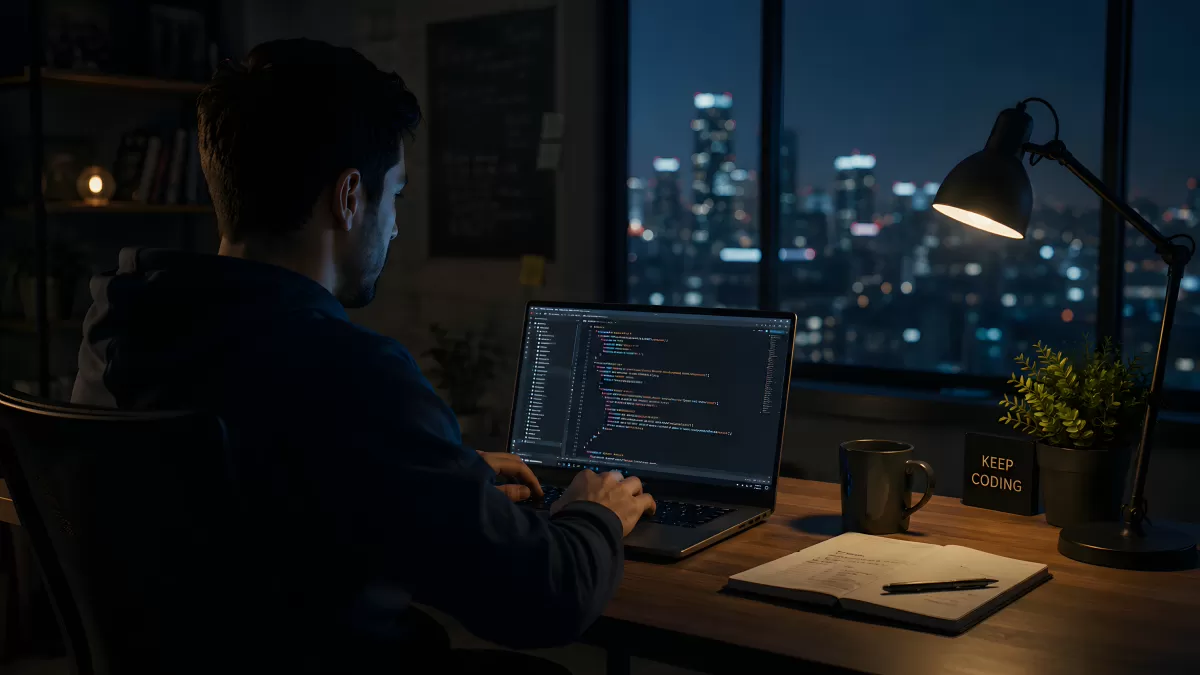 Entwickler programmiert nachts mit Stadtblick im Büro