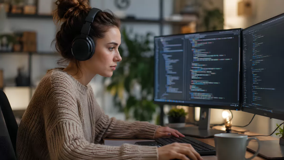 Entwicklerin arbeitet konzentriert an zwei Monitoren