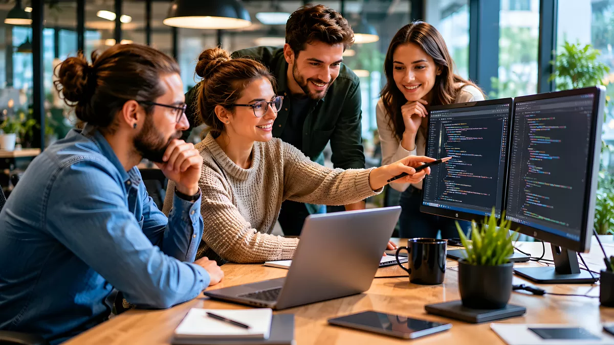 Entwicklerteam analysiert gemeinsam Code am Monitor