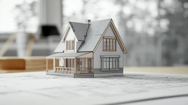 Entwurfsplan eines modernen Holzhauses mit Giebeldach