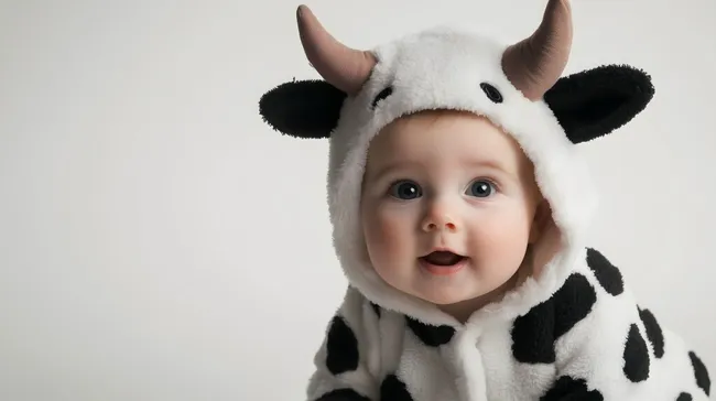 Entzückende Baby-Kuh im Kostüm auf weißem Hintergrund