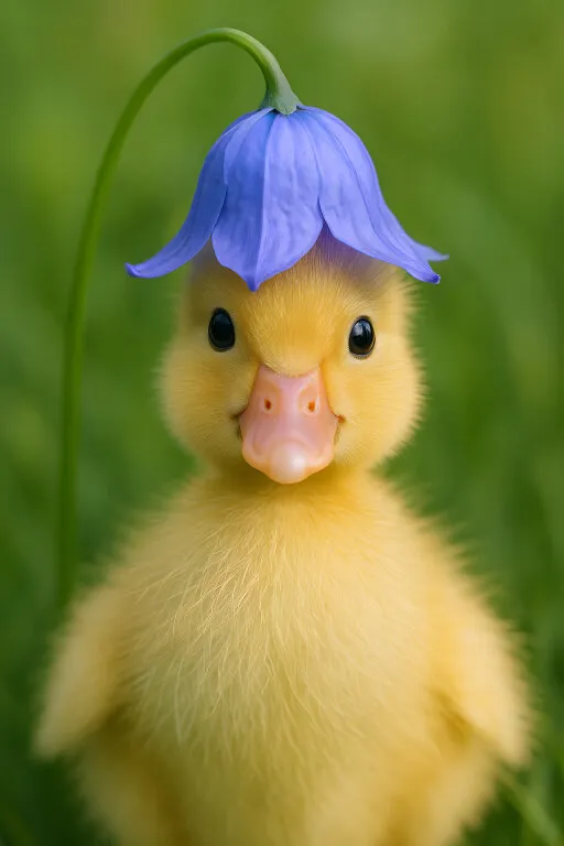 Entzückende Ente mit blauer Blüte auf grüner Wiese