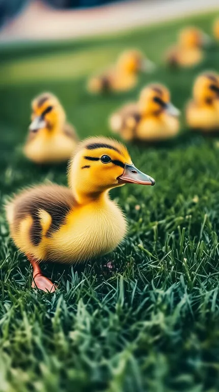 Entzückende Entenkücken auf grüner Wiese