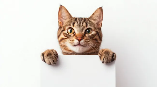 Entzückende Katze mit weißem Schild auf weißem Hintergrund