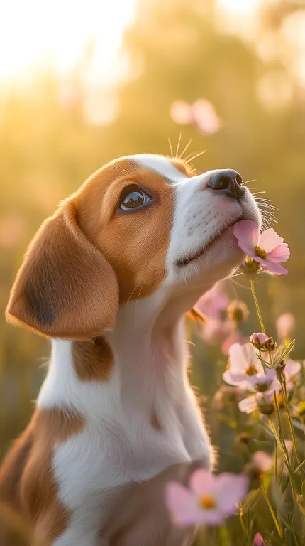 Entzückender Beagle schnuppert an zarter Blume