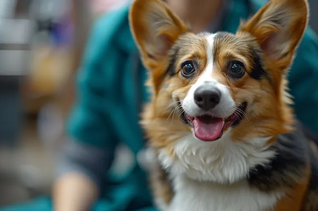 Entzückender Corgi mit fröhlichem Gesichtsausdruck