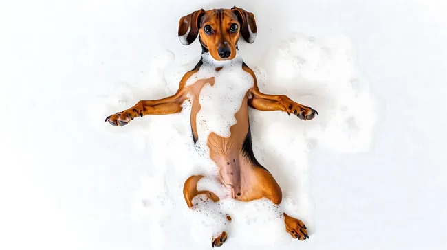 Entzückender Dackel beim Schaumbad auf weißem Hintergrund