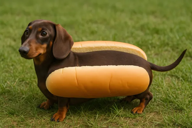 Entzückender Dackel im Hotdog-Kostüm auf grüner Wiese