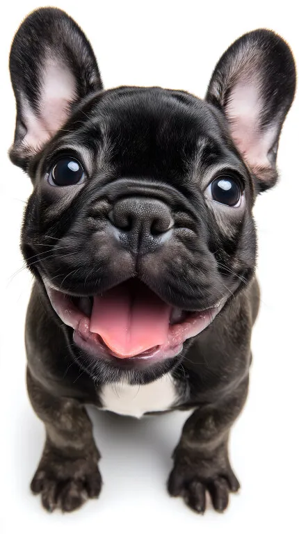 Entzückender Französischer Bulldoggenwelpe mit fröhlichem Gesichtsausdruck