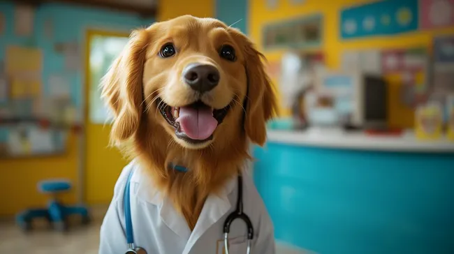 Entzückender Hund als Tierarzt in moderner Tierarztpraxis