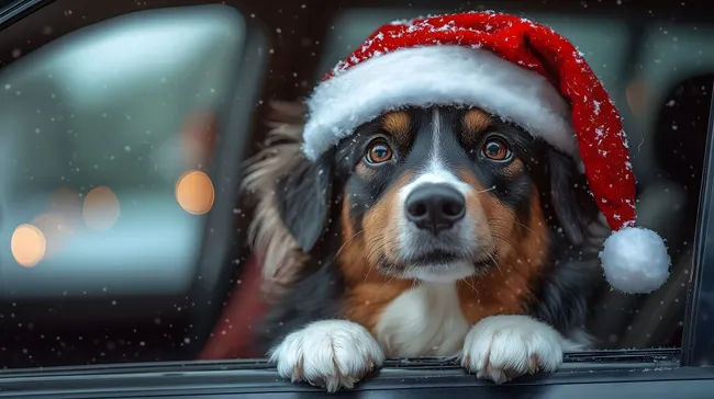 Entzückender Hund in Weihnachtsmütze im verschneiten Auto