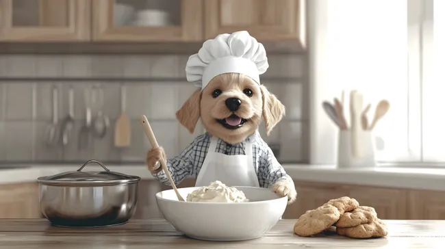 Entzückender Hund mit Kochmütze beim Backen