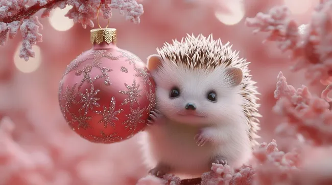 Entzückender Igel mit Weihnachtskugel in Winterlandschaft