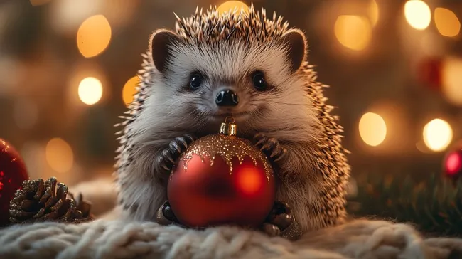 Entzückender Igel mit Weihnachtskugel und Tannenzapfen