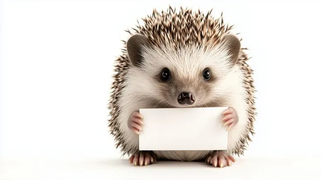 Entzückender Igel präsentiert Schild auf weißem Hintergrund