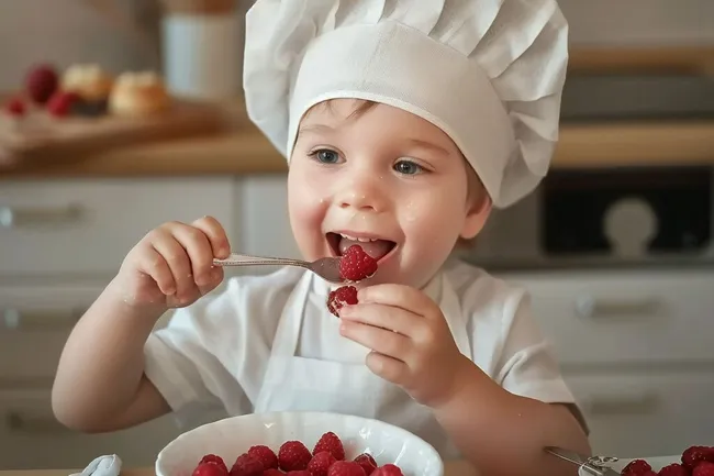 Entzückender Jungkoch nascht an Himbeeren
