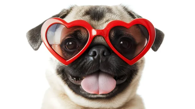 Entzückender Mops mit roten Herzbrille