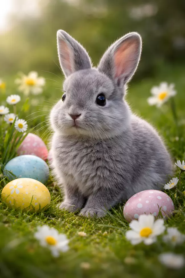 Entzückender Osterhase in der Blumenwiese