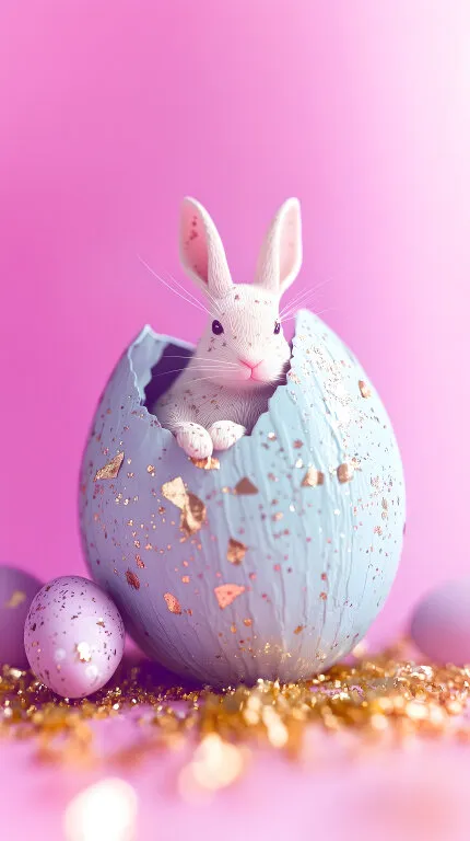 Entzückender Osterhase schlüpft aus pastellfarbenem Ei