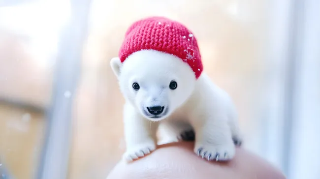 Entzückender Polarbärenjunge in roter Mütze
