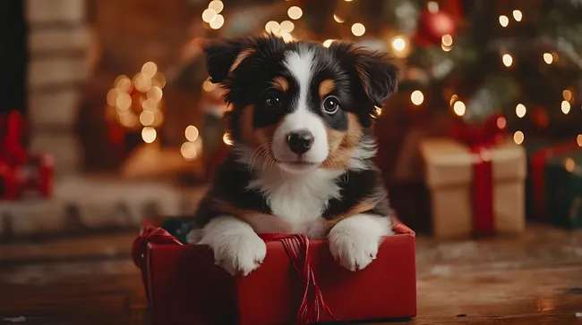 Entzückender Welpe in Weihnachtsgeschenkbox