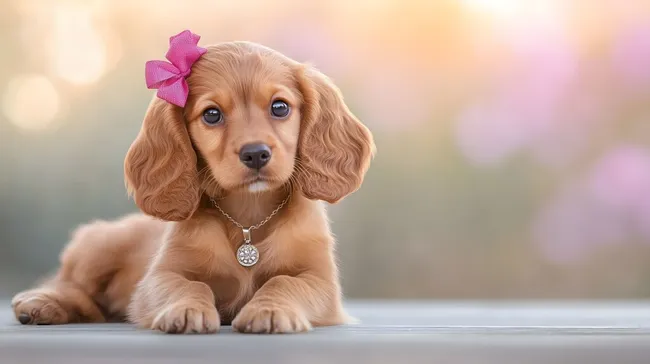 Entzückender Welpe mit Haarschleife posiert vor Unschärfe